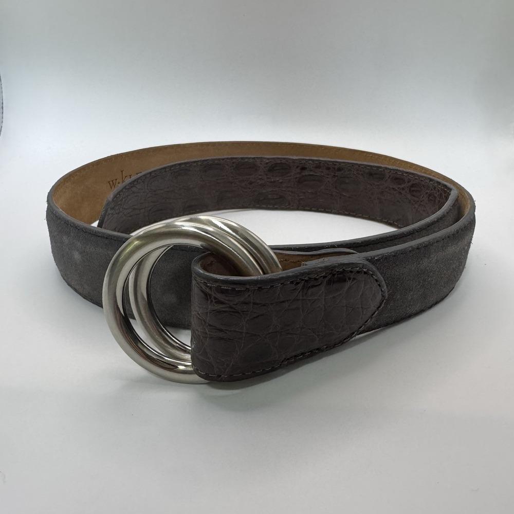 W Kleinberg Grey Suede Custom Leather Belt Belt Sz 34 NWOT Loop Crocodile Accent